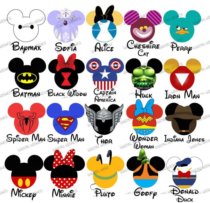 mickey mouse ears and other disney characters with their name on them, all in different colors