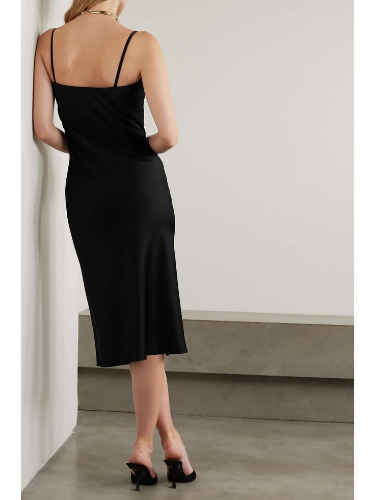 VERSACE Embellished cotton-blend lace-trimmed satin midi dress | NET-A-PORTER Sleeveless Satin Trim Evening Dress, Sleeveless Evening Dress With Satin Trim, Elegant Silk Slip Dress With Satin Trim, Sleeveless Silk Dress With Satin Trim, Elegant Black Slip Dress With Straight Neckline, Chic Fitted Slip Dress With Satin Trim, Elegant Black Dress With Satin Trim, Chic Dresses With Satin Trim, Fitted Sleek Modal Satin Dress