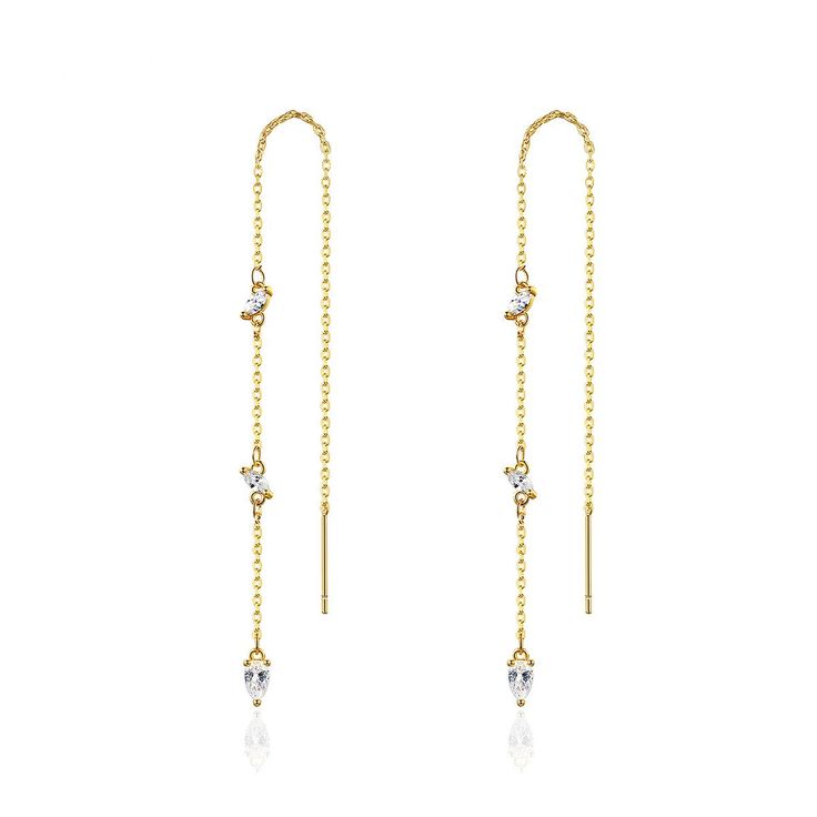 Delicate ear threaders fashioned with an 18k gold-plated finish and pear-shaped crytals. 0.13" W x 5.12" L 18k gold-plated copper / crystal Chain Threader Earrings, Ear Threader, Copper Crystal, Threader Earrings, Accessories Jewelry Earrings, Long Chain, Jewelry For Women, Jewelry Gift Box, Lalique