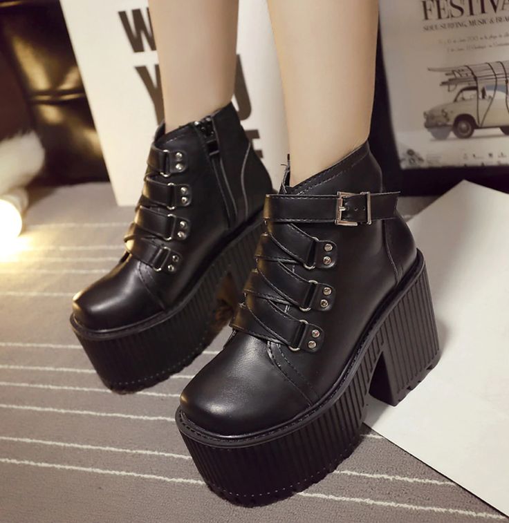 Department Name: Adult Item Type: Boots With Platforms: Yes Heel Height: Super High (8cm-up) Outsole Material: Rubber Closure Type: Buckle Strap Lining Material: PU is_handmade: Yes Heel Type: Square heel Platform Height: 5-7cm Toe Shape: Round Toe Fashion Element: Platform Season: Spring/Autumn Boot Height: Ankle Pattern Type: Solid Leather Style: Soft Leather Heel Height: 10cm Platform Height: 6.5cm Ankle-high Punk Heels For Fall, Punk Ankle-high Platform Boots With Reinforced Heel, Punk Round Toe Heels For Fall, Punk Style Platform Ankle Boot Heels, Fall Punk Round Toe Heels, Fall Punk Style Round Toe Heels, Punk Style Platform Heeled Boots With Round Toe, Punk Boots With Chunky Platform And Pointed Toe, Punk Ankle-high Platform Heeled Boots