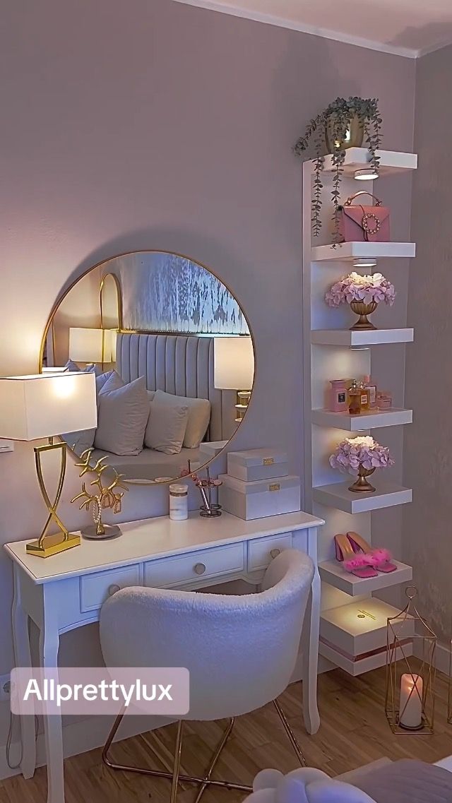 a bedroom with a white desk and mirror