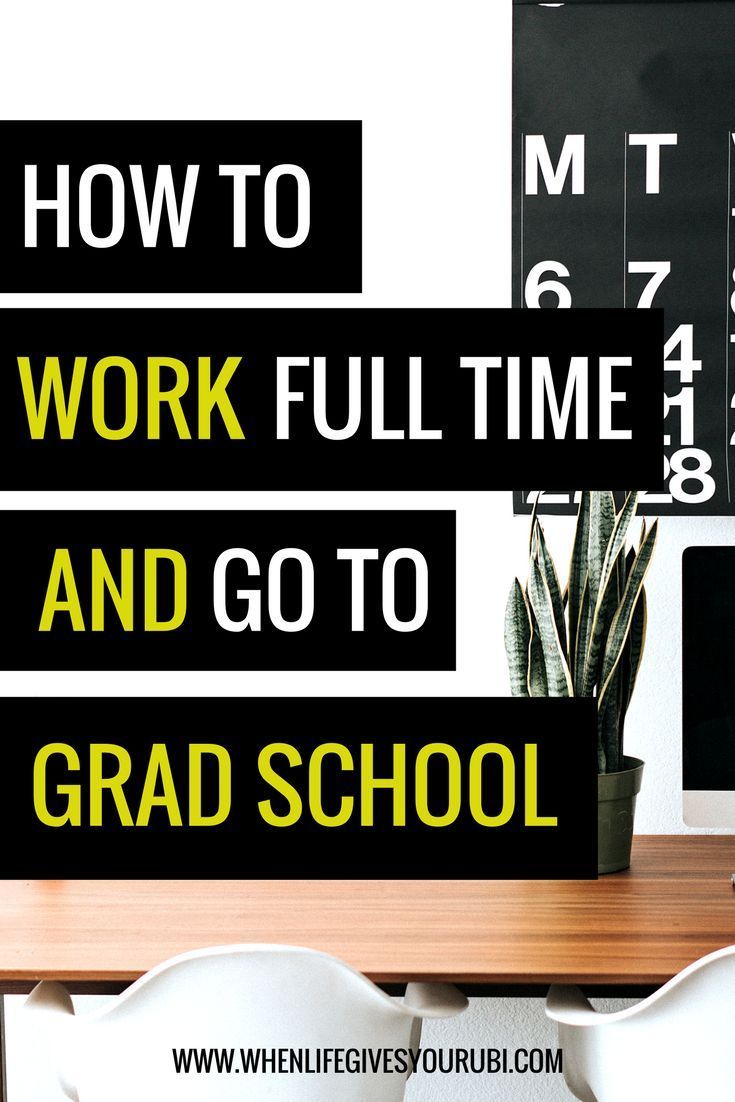 a desk with a computer, keyboard and plant on it in front of a blackboard that says how to work full time and go to grad school