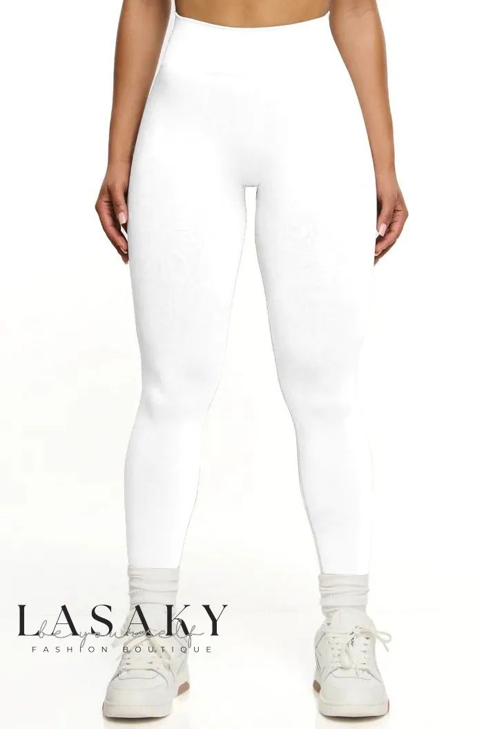 Lasaky - High-Quality Athletic Set: Womens Seamless Yoga Leggings with Butt Lift, Sports Bra, and Halter Top White Compressive Yoga Pants For Pilates, High Stretch White Yoga Pants Sportswear, White Stretch Yoga Pants For Training, White High Stretch Yoga Pants For Sportswear, High Stretch White Yoga Pants, High Stretch Seamless White Bottoms, White Compressive Yoga Pants, White Breathable Fitted Yoga Pants, Tight White Breathable Activewear