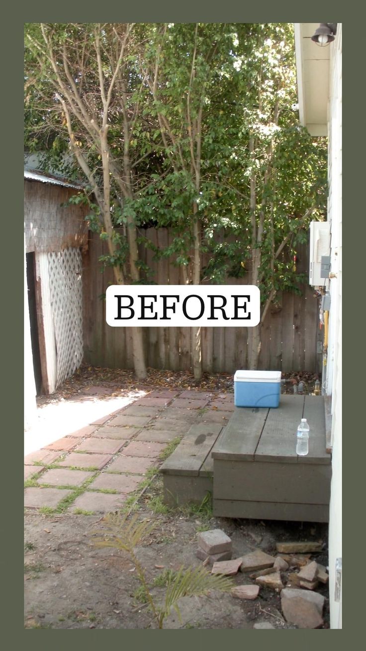 before and after photos of a back yard