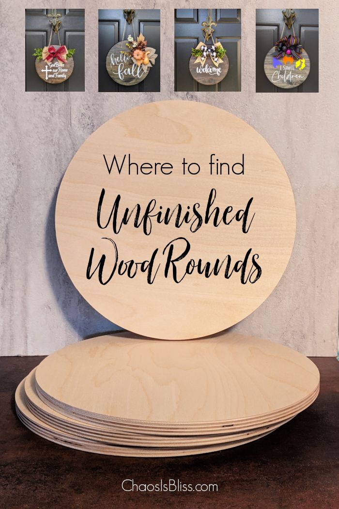 there is a wooden sign that says where to find unfinished wood rounds on the table