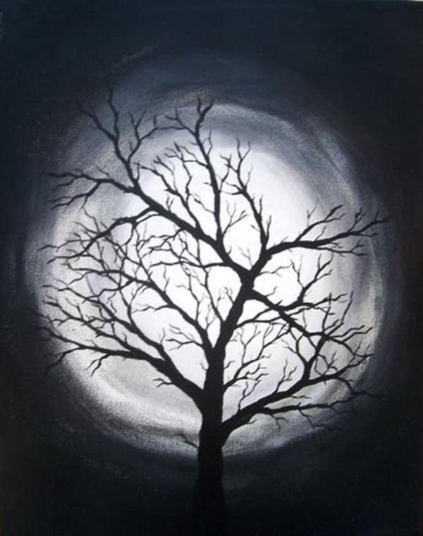 a black and white painting of a tree with the moon in the background