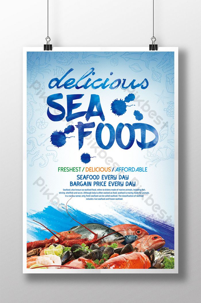 a poster for seafood restaurant with an image of lobsters and other foods on it