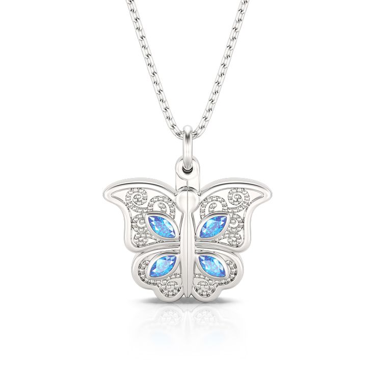 This photo necklace is the best choice to make the memory eternal. It features butterfly designed to open and close. The necklace is created in sterling silver with stunning details, with your own photo included, this beautiful piece will be more memorable. Never miss this romantic and exquisite piece!Carat Weight: 1 ctStone Size: 2*4 mmStone Type: Jeulia® StoneNumber of Stones: 8 Stone Color: Aquamarine BlueStone Shape: MarquiseWeight: 6.1 gWidth: 21.3 mmHeight: 21.4 mmThickness: 5.2 mmMaterial Butterfly Heart, Photo Necklace, Necklace Online, Aquamarine Blue, Butterfly Design, Personalized Necklace, Blue Stone, Quality Jewelry, Watch Design