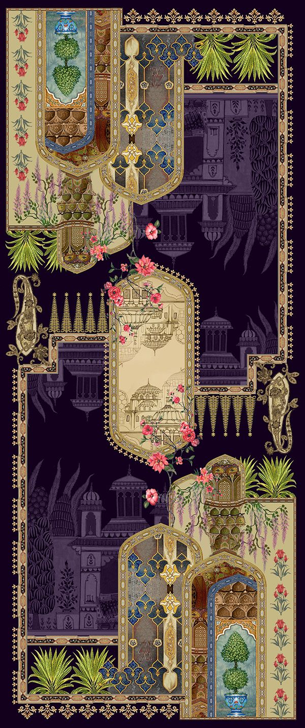 an art nouveau style wallpaper with flowers and plants on it's border, in purple