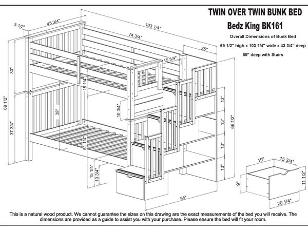 the bunk bed is shown with measurements for its size and features an attached storage compartment