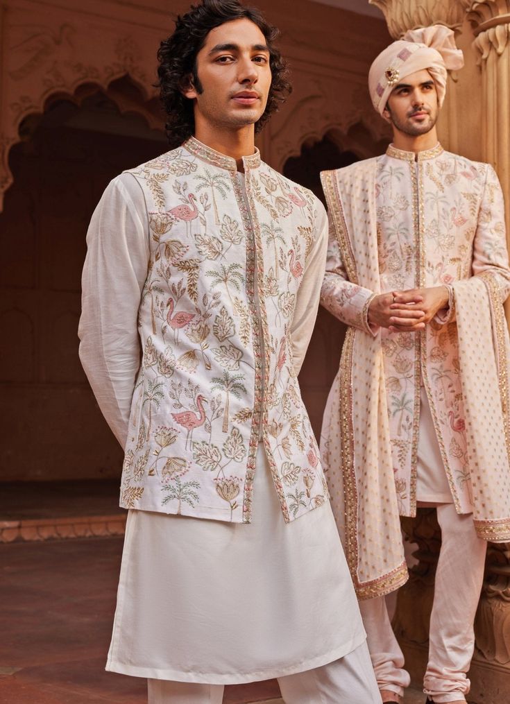 Ivory Kurta Set With An Embroidered Jacket Contrast By Parth - Fabilicious Fashion Luxury Tailored Wedding Sherwani, Luxury Silk Nehru Jacket For Reception, Luxury Katan Silk Unstitched Wedding Suit, Indian Wedding Kurta For Men, Traditional Indian Outfits For Men, Grooms Mehndi Outfit, Luxury Dola Silk Unstitched Wedding Suit, Ivory Kurta For Men, Unique Kurta Designs For Men