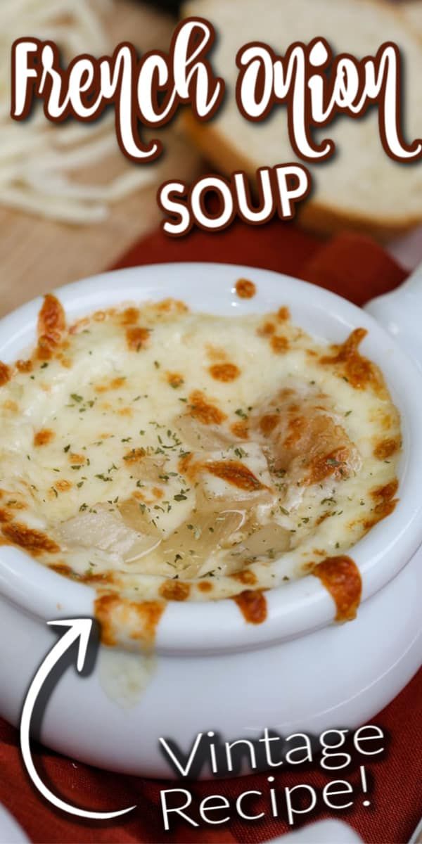 the recipe for french onion soup is in a white bowl