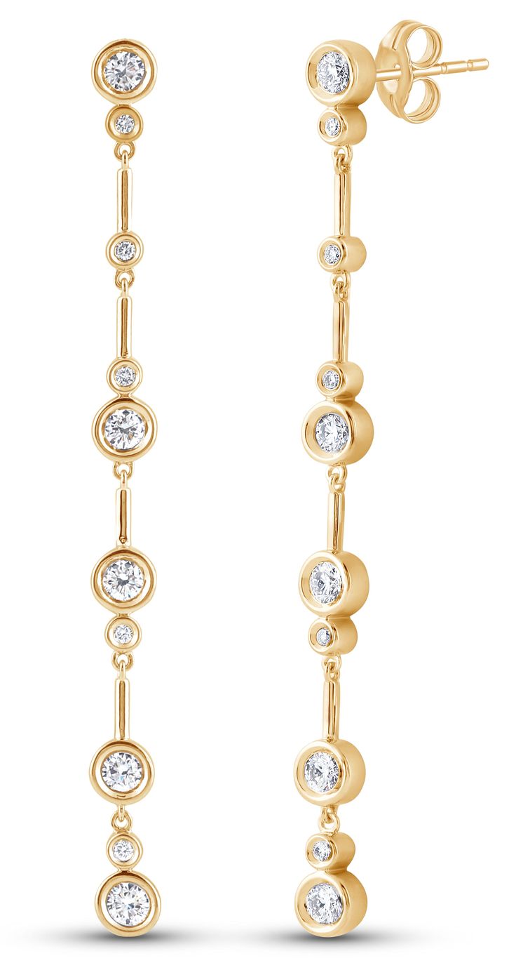 Crafted from 14K gold, these drop earrings are adorned with 20 brilliant round-cut lab-grown diamonds, each delicately cradled in elegant bezel settings, creating a timeless and captivating allure. EARRING DETAILS 14K Gold Post back DIAMOND DETAILS Lab Grown Diamonds: 1.0 tcw Diamond Quantity: 20 Diamond Color: G Diamond Clarity: VS Setting: Bezel Certification: IGL Certified Bezel Set Earrings, Fine Diamond Jewelry, Engagement Rings Opal, Diamond Drop Earrings, Diamond Drops, Fine Jewellery Earrings, Bezel Setting, Long Earrings, Gemstone Earrings