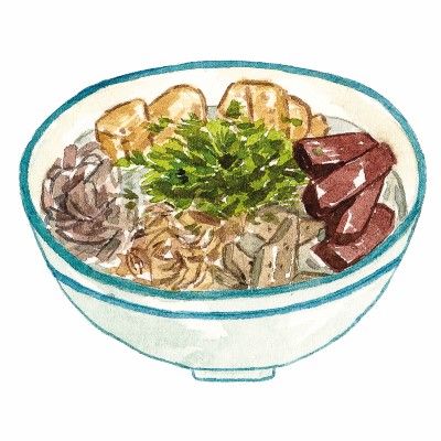 a drawing of a bowl of food with meats and vegetables in it on a white background