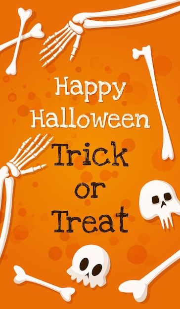 happy halloween trick or treat with skeletons and bones on an orange background for the holiday