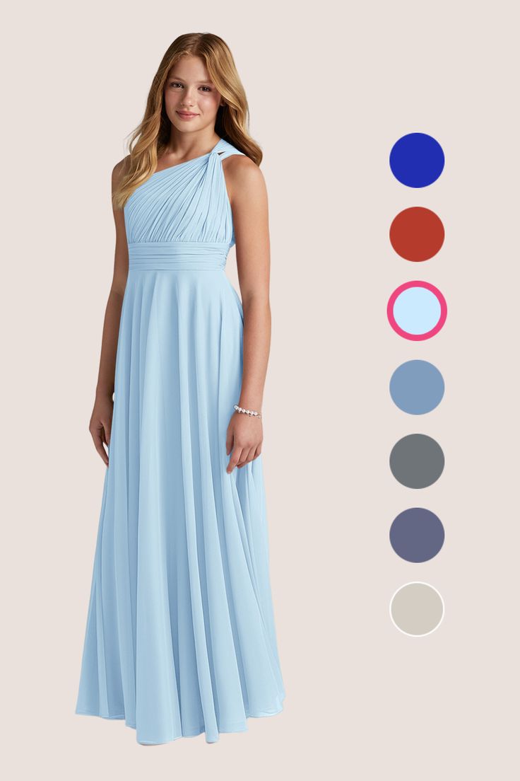 a woman in a long blue dress with different color options for the bridesmaid