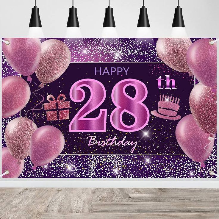 a birthday card with pink balloons and presents on it, in front of a purple background