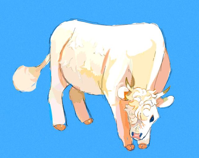 a white cow standing on top of a blue ground next to a sky background with no clouds