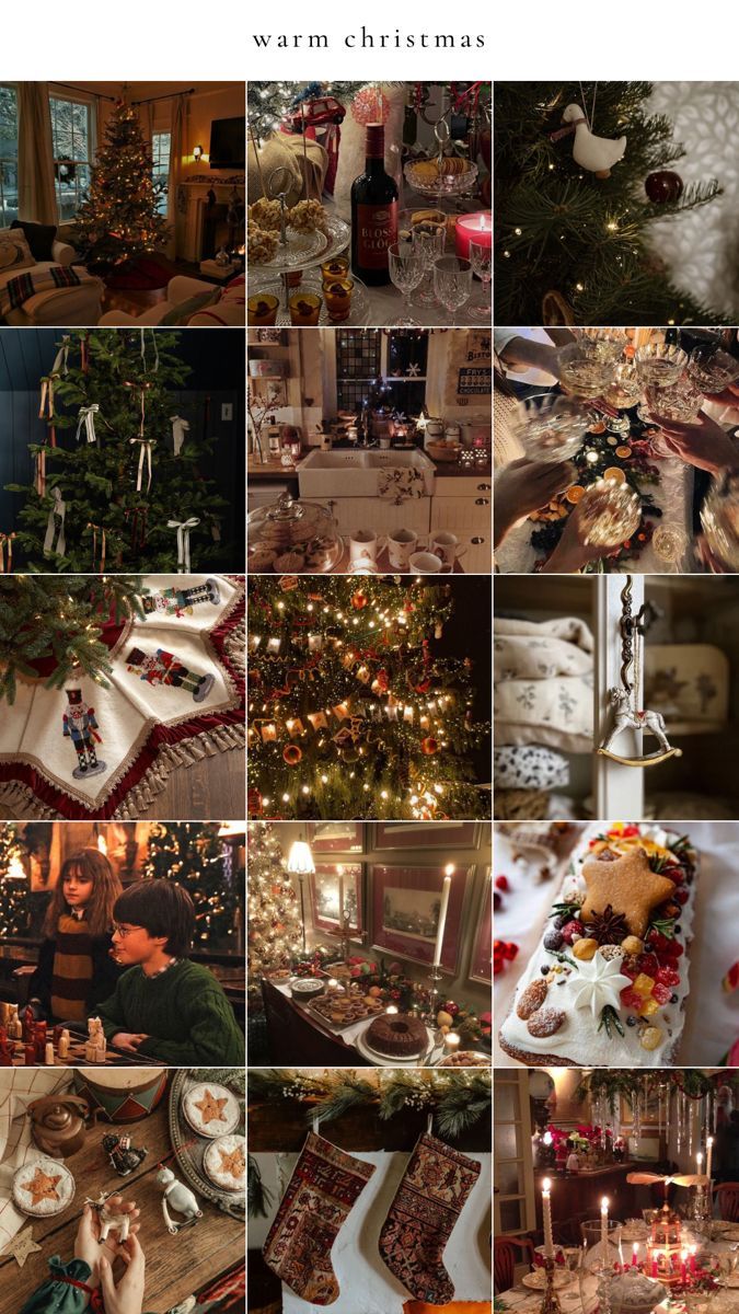 a collage of photos with candles and christmas decorations on them, including stockings, cookies, coffee mugs, teacups