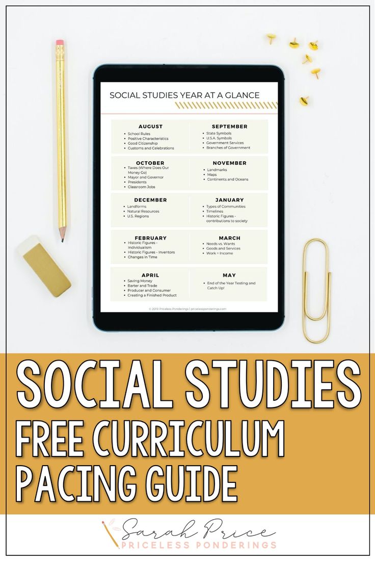 a tablet with text that reads social studies free curriculum pacing guide on it and gold pencils next to it