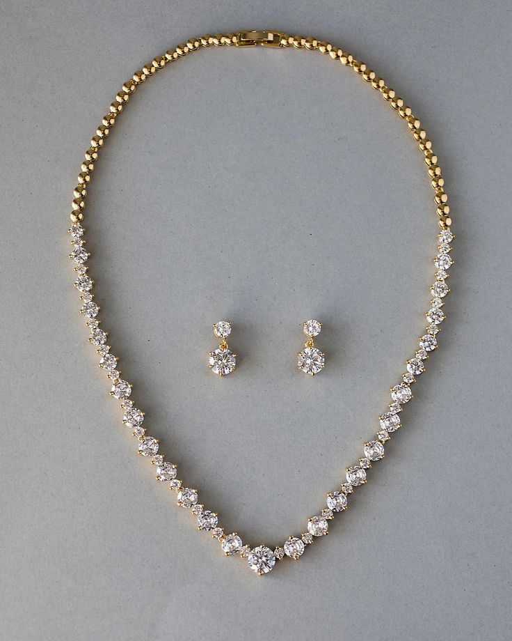 Gold Tennis Style CZ Necklace - Cassandra Lynne Modern Indian Jewelry Necklaces, Elegant Gold Necklace Set, 15 Jewelry Set, Gold And Diamond Necklace Set, Gold Jewelry Diamond, Elegant Gold Jewelry Set, Small Stone Earrings Gold, Gold Jewelry With Diamonds, Round Gold Necklace