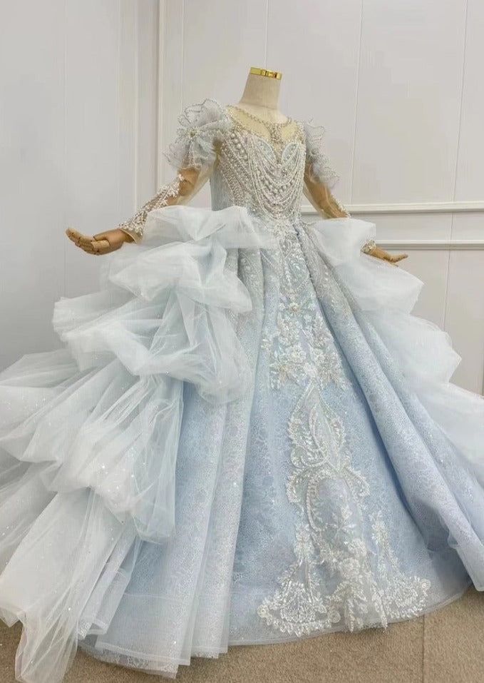 This is a gown made for The Fairest Princesses In All The Land! You You are going to fall in love with way she looks in our custom couture. All our gowns are made to order and to your measurements and specifications. Finest Materials, Exquisite Tailoring and Hand Beading, Unbeatable Prices. If your princess doesn't follow the size chart, please provide us with her chest, waist, total height, and shoulder to floor measurement. Production time: 10-12 weeks Domestic Shipping: UPS 3-5 business days Princess Organza Ball Gown For Banquet, Princess Style Organza Ball Gown For Banquet, Fitted Gown With Detachable Train For Pageants, Princess Style Organza Evening Dress For Wedding, Organza Ball Gown With Sweep Train, Princess Style Quinceanera Dress For Wedding, Princess Style Organza Gown For Wedding, Princess Style Organza Wedding Gown, Princess Style Floor-length Wedding Dress For Quinceanera