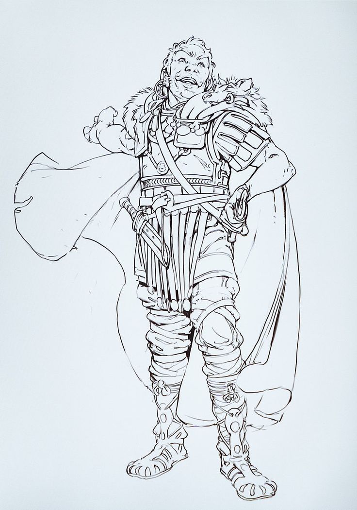 a black and white drawing of a man in armor