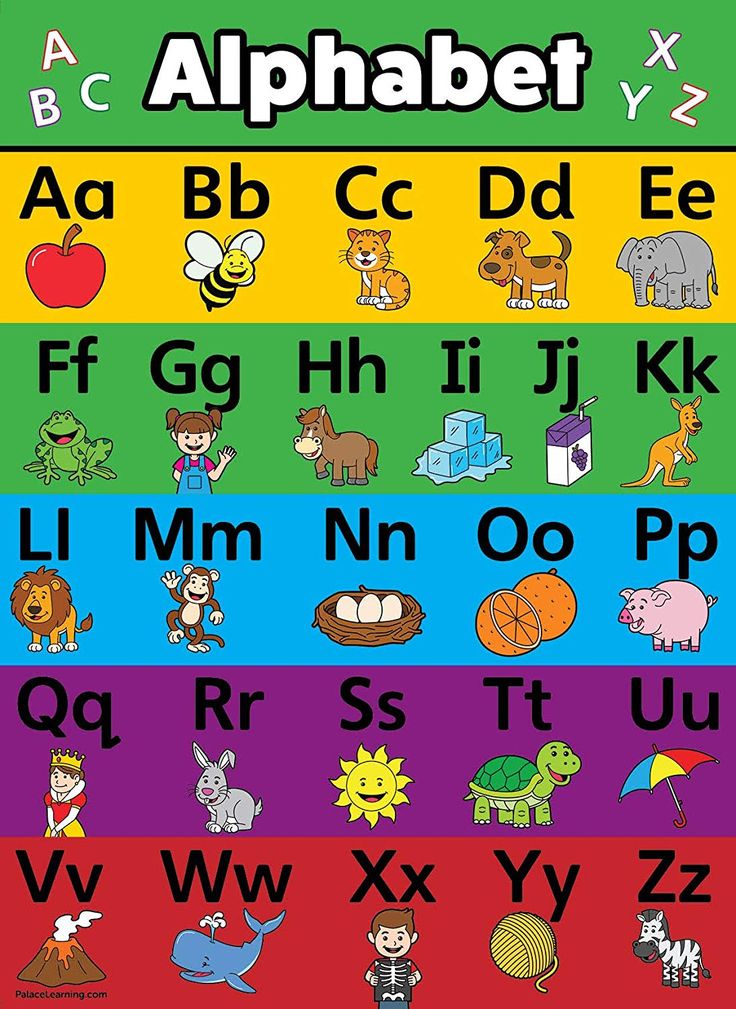 an alphabet poster with animals, letters and numbers in different colors for children to learn