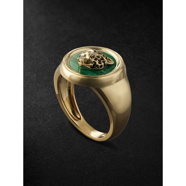 Yvonne Léon's signet rings serve as a style signifier that'll become your everyday signature. Made in the label's Parisian workshop, this one features a distinctive leopard head set with grey diamonds and black spinel spots against the backdrop of a natural malachite stone. Luxury Green Signet Ring With Polished Finish, Luxury Formal Signet Ring With Intaglio, Luxury Yellow Gold Cabochon Signet Ring, Luxury Yellow Gold Signet Ring With Cabochon, Luxury Green Intaglio Rings, Luxury Sterling Silver Signet Ring, Luxury 14k Gold Signet Ring With Intaglio, Elegant White Gold Signet Ring With Intaglio, Luxury Round Signet Ring With Intaglio