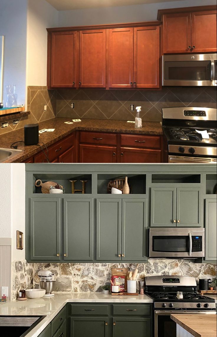 two pictures of different kitchen cabinets in one photo and the other has granite counter tops