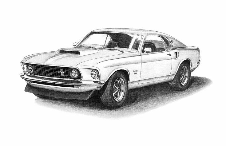 a pencil drawing of a mustang car