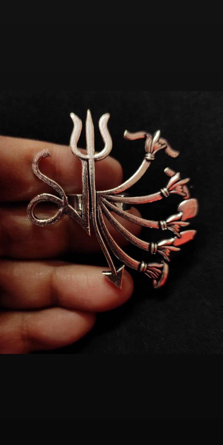 a person is holding a silver brooch with an image of the letter s on it