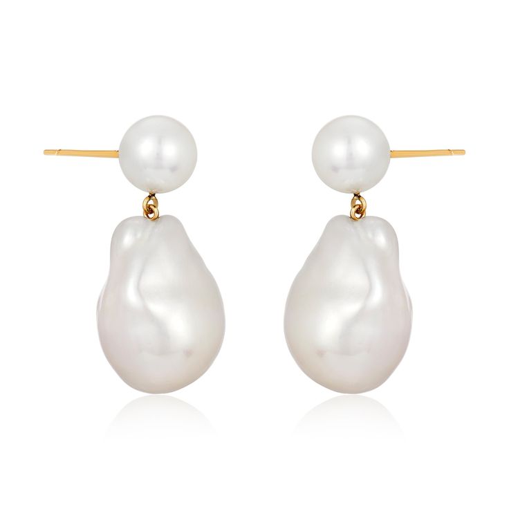 Freshwater baroque pearls drop with round pearl on 14k gold post. Baroque pearl meas: 20 x 15mm Round pearl measures: 7.5-8mm Handcrafted in Mabel's San Francisco atelier. Yellow Gold Baroque Pearl Earrings For Formal Occasions, Formal Baroque Pearl Earrings With Pendant, Classic Baroque Pearl Earrings For Formal Occasions, Classic High Luster Drop Pearl Earrings, Classic Formal Baroque Pearl Earrings, Baroque Pearl Drop Earrings With Pearl Pendant, Luxury Briolette Pearl Drop Earrings, Classic Briolette Pearl Drop Earrings, Classic Baroque Pearl Earrings With Pearl Charm