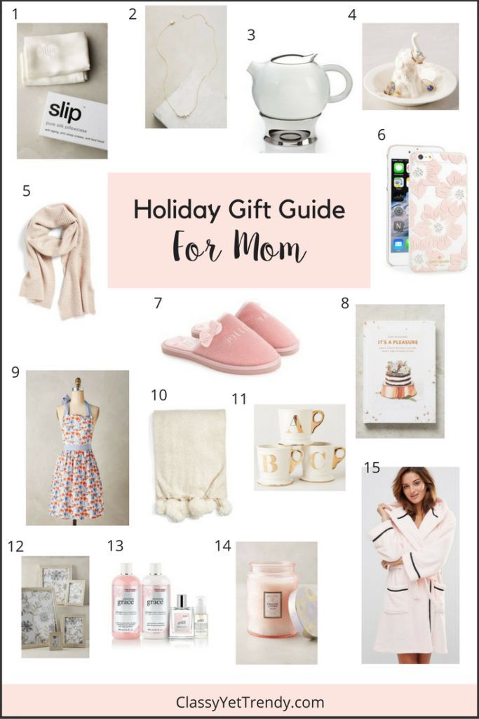 the holiday gift guide for mom is featured in this postcard with images and text