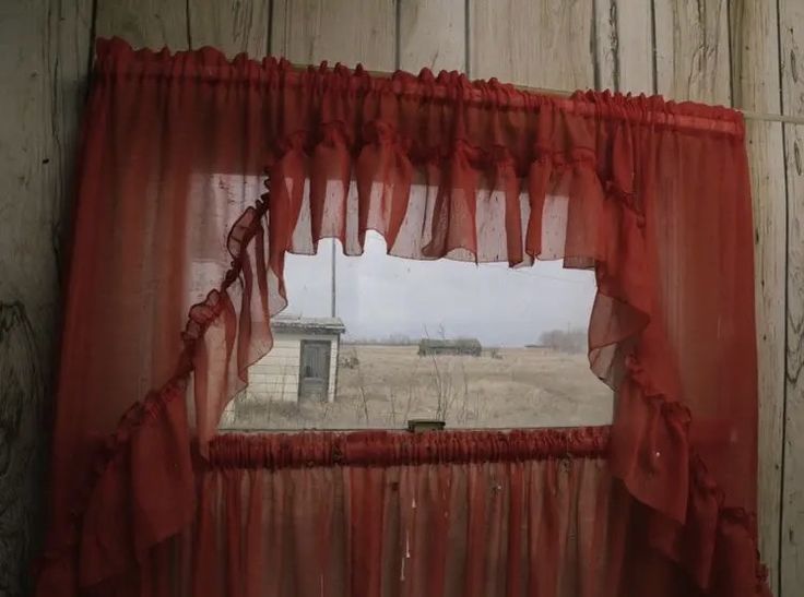 an open window with red sheer curtains in front of a wooden wall and grass field