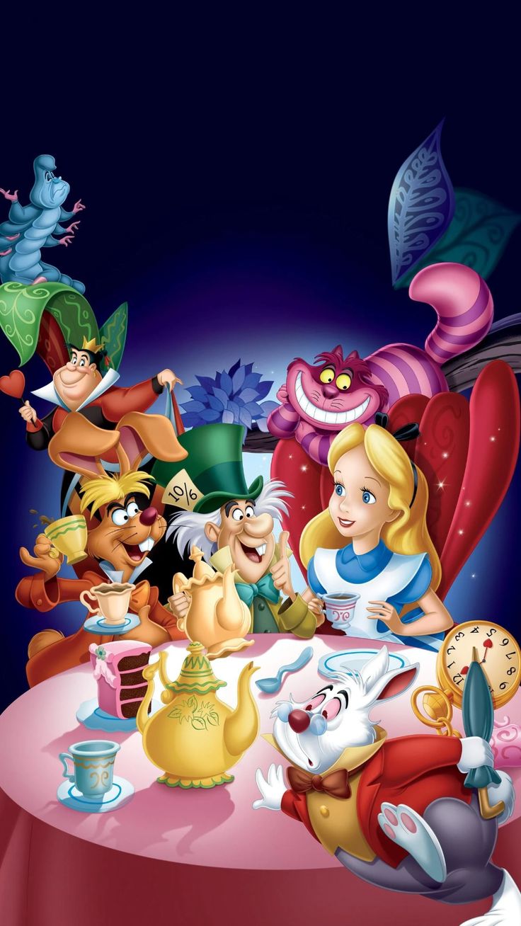 the cartoon characters are sitting at a table with teapots and cups in front of them