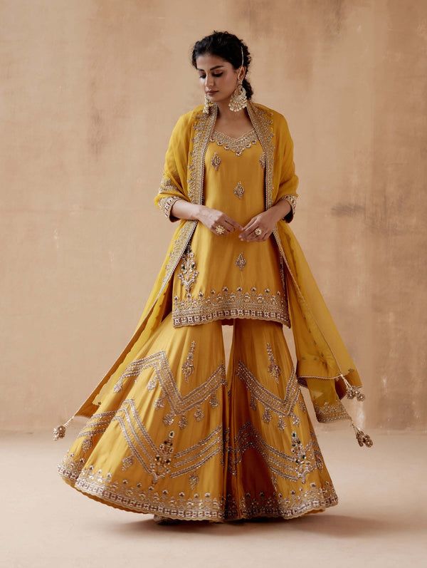 Aman Takyar | Mustard Gold Embroidery Kurta Sharara Set | INDIASPOPUP.COM Mustard Sharara, Sharara Design, Heavy Suits, Gorgeous Lehengas, Floral Thread Embroidery, Embroidery Kurta, Haldi Dress, Punjabi Style, Chic Prom Dresses