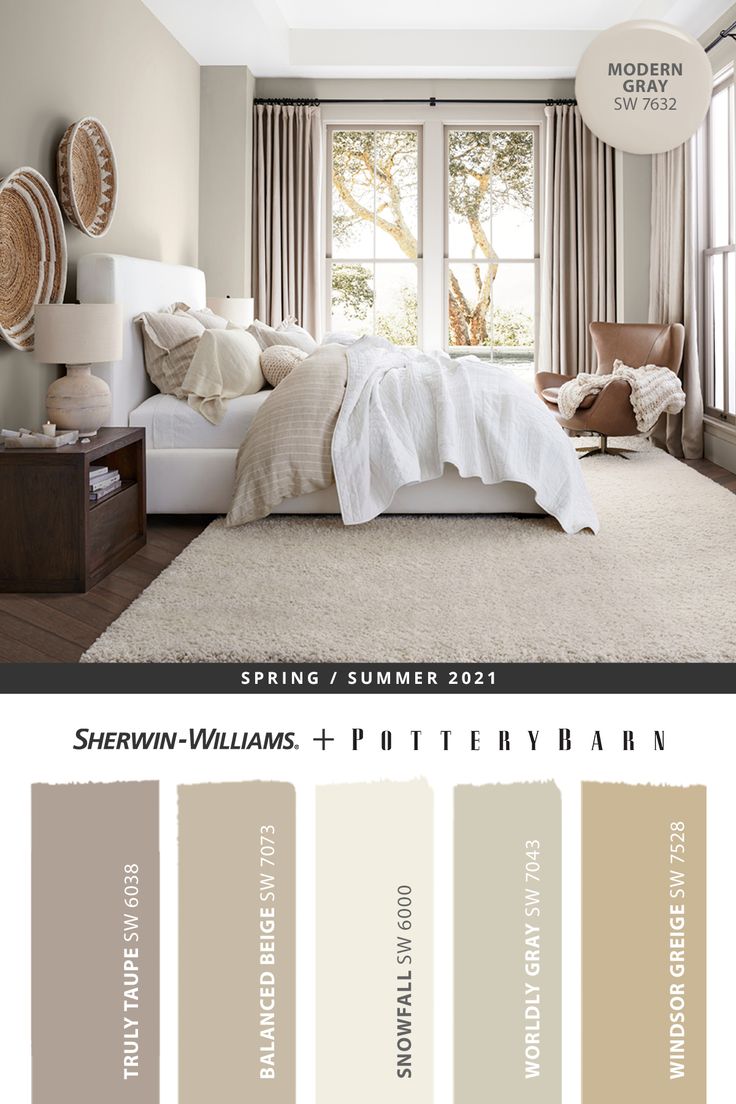 a bedroom with neutrals and white colors in the color scheme for sherwinn - williams