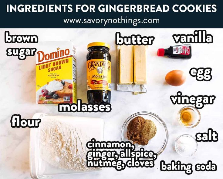 ingredients for gingerbread cookies laid out on a white counter top, including butter, sugar, cinnamon, flour, baking soda, and eggs