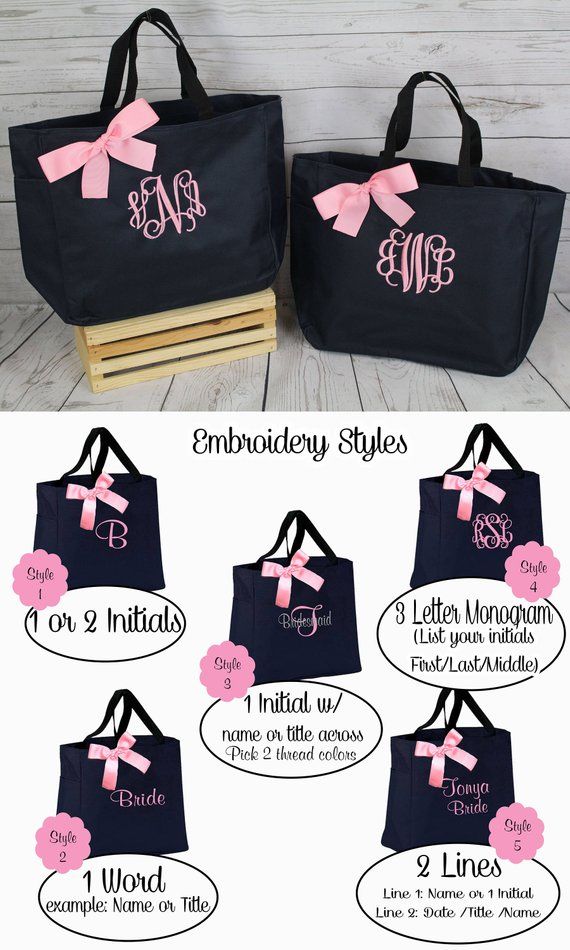 two monogrammed tote bags with pink bows and the names of each bag