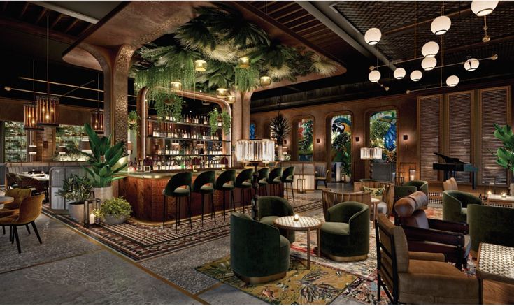 an artistic rendering of a bar with green chairs and greenery on the walls, along with potted plants