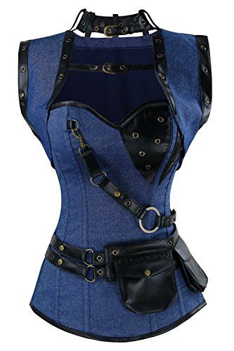 Charmian Women's Spiral Steel Boned Steampunk Gothic Vintage Denim Corset with Jacket and Belt Blue Small Purple Corset, Plus Size Costumes, Steampunk Corset, Steel Boned Corsets, Denim Outfits, Boned Corsets, Plus Size Corset, Vintage Denim Jeans, Denim Corset