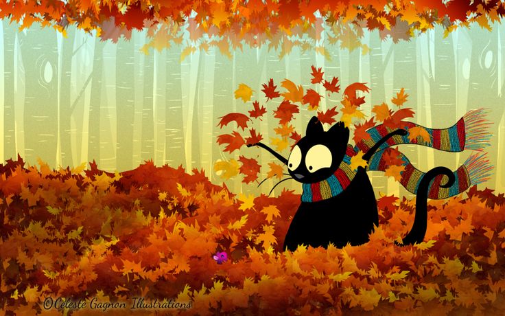 a black cat wearing a scarf and standing in the middle of autumn leaves with an orange background