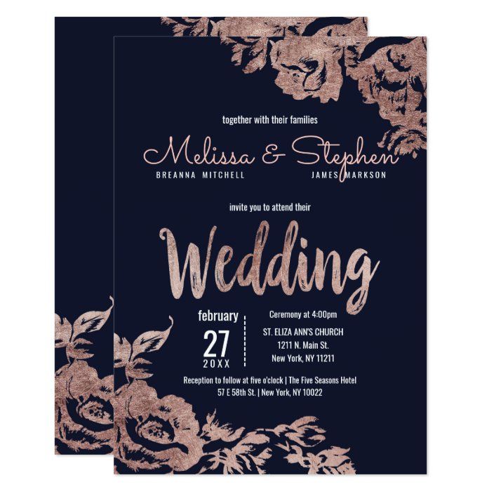 an elegant wedding card with gold foil flowers on black and white paper, featuring the words'wedding '