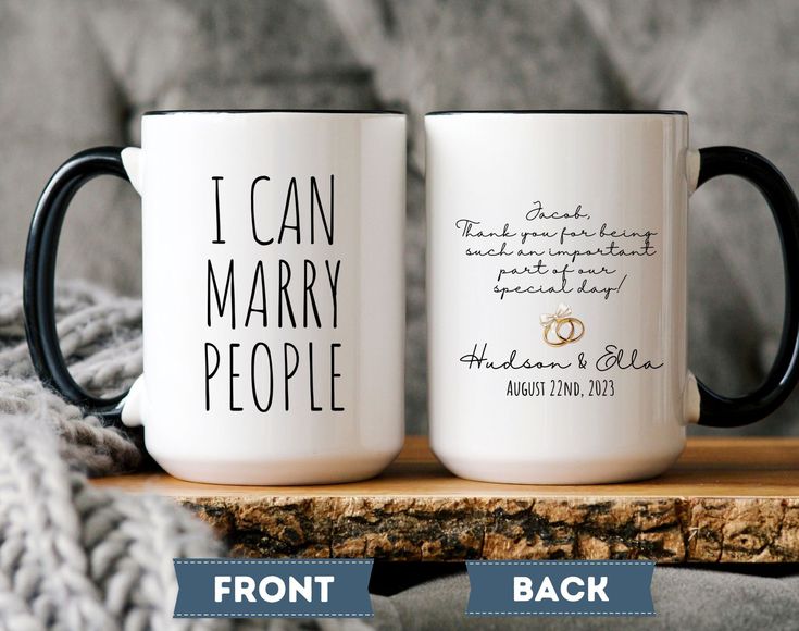 two coffee mugs with the words i can marry people printed on them, sitting next to each other