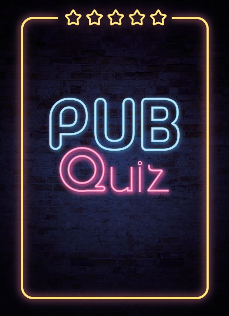 a neon sign that says pub quiz in front of a brick wall with five stars