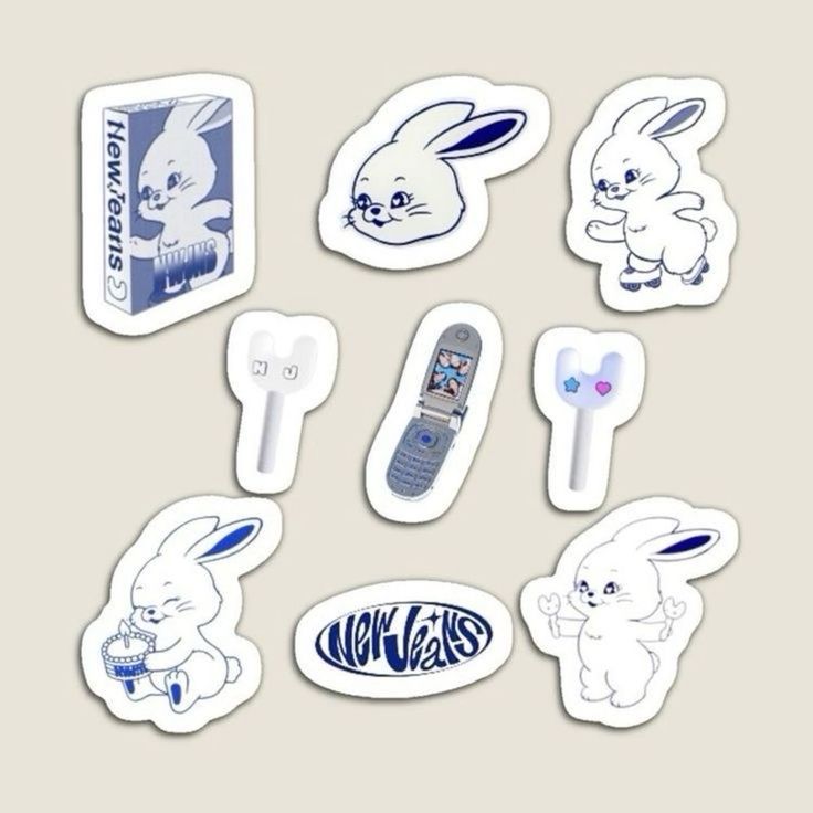 various stickers with an image of rabbits and cell phones on them, all in different designs