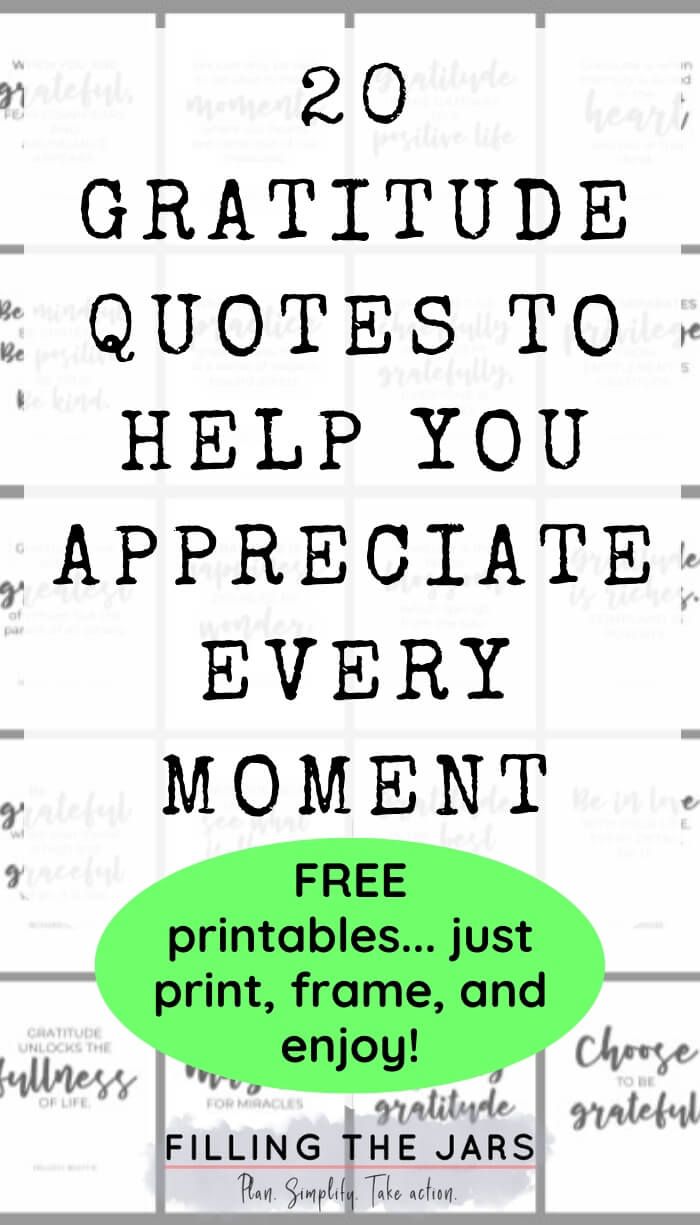 the words, 20 gratitude quotes to help you appreciate every moment free printables just print