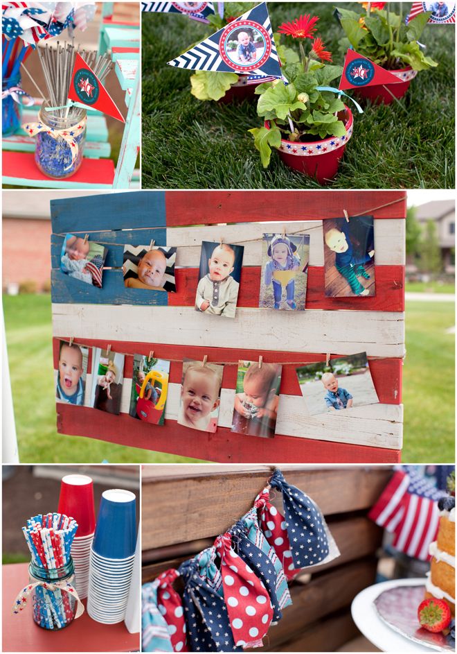 an american flag themed party with pictures and decorations