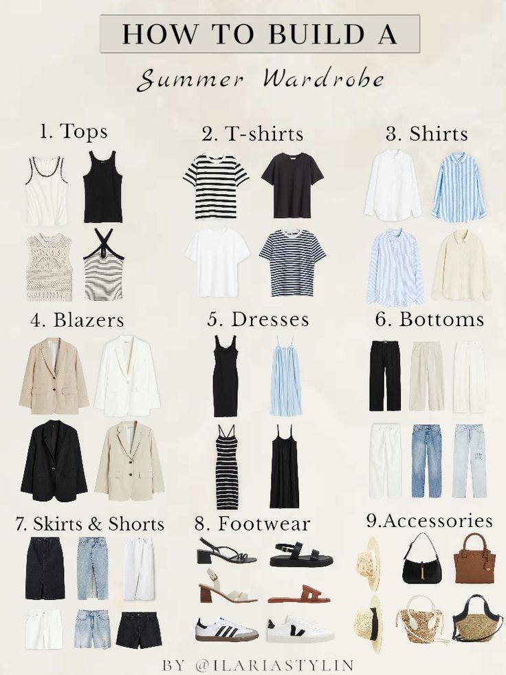 capsule wardrobe, summer capsule wardrobe, summer wardrobe, summer closet, summer fashion, tank top, black top, white top, striped t-shirt, black t-shirt, white t-shirt, white shirt, striped t-shirt, striped shirt, white shirt, striped shirt, linen shirt, white blazer, beige blazer, linen blazer, midi dress, maxi dress, black dress, black pants, white pants, linen pants, white jeans, blue jeans, ripped jeans, denim skirt, midi skirt, white shorts, denim shorts, style inspo, women fashion Chic Capsule Wardrobe, Minimalist Wardrobe Capsule, Capsule Wardrobe Casual, Capsule Wardrobe Women, Classic Capsule Wardrobe, Capsule Wardrobe Essentials, Capsule Wardrobe Outfits, Fashion Capsule Wardrobe, Trip Essentials